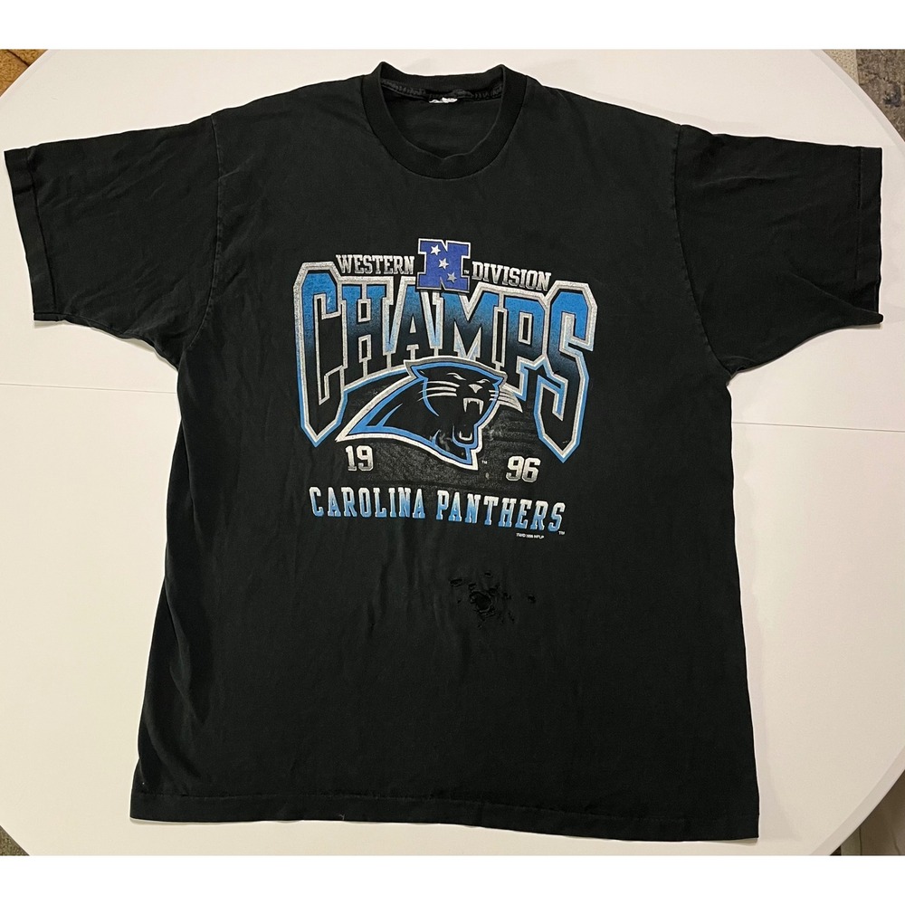 VTG 90s Carolina Panthers 1996 Western Division Champs Distress T‎ Shirt Black L